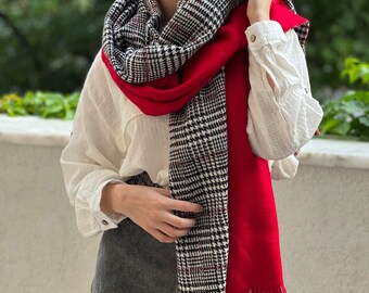 Double Sided Wool Textured Houndstooth Patterned Premium Scarf