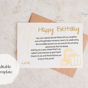 Gouden Happy Birthday Card, bewerkbare sjabloon, 4x6 platte kaart