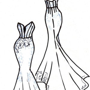 May include: Line drawing of two wedding dresses with a mermaid silhouette. Both dresses have a sweetheart neckline and a lace pattern.
