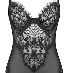 May include: Black lace bodysuit with a sheer mesh fabric and adjustable straps.