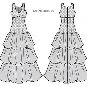 Puede incluir: Un dibujo en blanco y negro de un vestido con un corpiño de lunares y una falda de capas. El texto "CARTAMODELLI DV" es visible en la esquina superior derecha de la imagen.