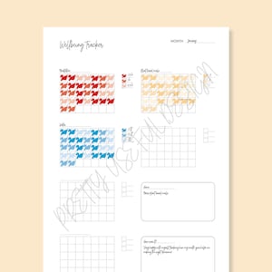 May include: A printable wellbeing tracker with a filled-in example. The tracker includes sections for meditation, sleep, plant-based meals, and a notes section. The example shows a filled-in grid with coloured squares.