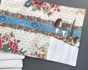 Lot de 4 sets de table avec rangement pour les couverts - fleuri