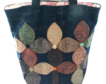 Bolsa jeans criativa - paisagem de flores