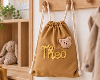 Personalized Kids Canvas Drawstring Backpack, Embroidered Preschool Bag, Daycare Bag for Boys & Girls, Toddler School Bag, Kids Gift