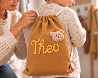 Personalized Kids Canvas Drawstring Backpack, Embroidered Preschool Bag, Daycare Bag for Boys & Girls, Toddler School Bag, Kids Gift