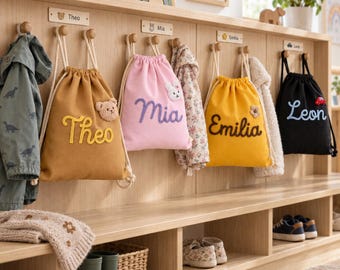 Personalized Kids Canvas Drawstring Backpack, Embroidered Preschool Bag, Daycare Bag for Boys & Girls, Toddler School Bag, Kids Gift