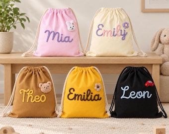 Personalized Kids Canvas Drawstring Backpack, Embroidered Preschool Bag, Daycare Bag for Boys & Girls, Toddler School Bag, Kids Gift