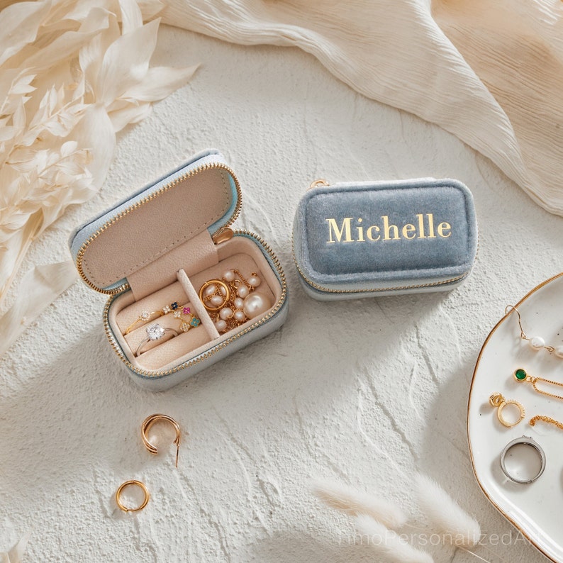 Custom Velvet Jewelry Box, Travel Jewelry Box, Wedding Bridesmaid Gifts, Personalized gifts, Birthday Gift for Her, Mother's Day Gift Powder Blue