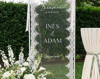 Cartello di benvenuto per matrimonio personalizzato in pizzo trasparente, cartello moderno per la cerimonia, striscione di matrimonio in pizzo, cartello di benvenuto personalizzato
