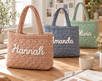 Personalized Quilted Heart Tote, Custom Name Gingham Bag, Christmas Gifts, Holiday & Birthday Gift, Weekender Bag, Everyday Bag