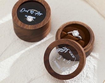 Custom Wooden Wedding Ceremony Round Ring Box, Clear Acrylic Cover, Personalized Engraved Engagement Proposal Holder, Mother’s Day Gift