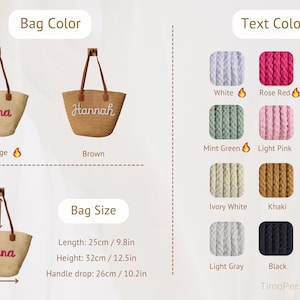 May include: A beige or brown straw tote bag with brown leather handles and personalized embroidered names. Includes a color chart for text options in white, rose red, baby blue, mint green, light pink, orange, ivory, khaki, coffee, gray, black, and dark green. Dimensions are 9.8 inches long, 12.5 inches high, with a 10.2 inch handle drop.