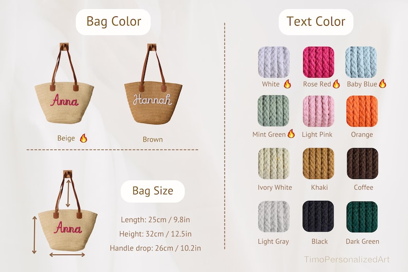 May include: A beige or brown straw tote bag with brown leather handles and personalized embroidered names. Includes a color chart for text options in white, rose red, baby blue, mint green, light pink, orange, ivory, khaki, coffee, gray, black, and dark green. Dimensions are 9.8 inches long, 12.5 inches high, with a 10.2 inch handle drop.
