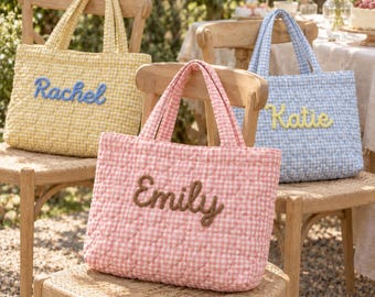 Personalized Quilted Heart Tote, Custom Name Gingham Bag, Christmas Gifts, Holiday & Birthday Gift, Weekender Bag, Everyday Bag