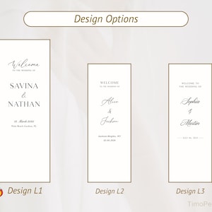 May include: Three vertical rectangular wedding welcome signs with gold borders. Each sign features black text including the phrase Welcome to the wedding of, names like Savina & Nathan, Alice & Jackson, or Sophia & Martin, and dates. The header reads Design Options.