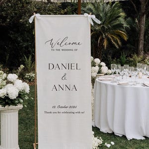 Trouwbord op maat van linnen, Trouwbord van stof, Welkomstbord op maat, Trouwbanner van linnen, Trouwdecoratie, Bord voor verlovingsfeest