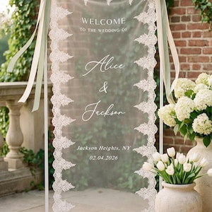 Custom Sheer Lace Wedding Welcome Sign, Modern Ceremony Sign, Lace Wedding Banner, Custom Welcome Sign image 9