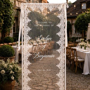 Custom Sheer Lace Wedding Welcome Sign, Modern Ceremony Sign, Lace Wedding Banner, Custom Welcome Sign image 10
