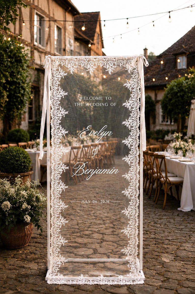 Custom Sheer Lace Wedding Welcome Sign, Modern Ceremony Sign, Lace Wedding Banner, Custom Welcome Sign image 10