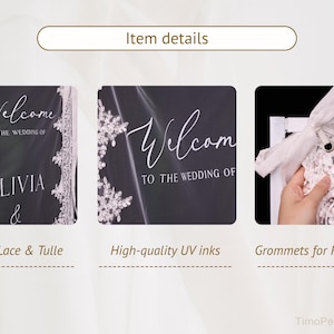 May include: A black wedding welcome sign featuring white script text that reads Welcome to the wedding of Olivia & with white lace trim on the edges. The sign includes metal grommets at the top corners for attaching white ribbon ties.