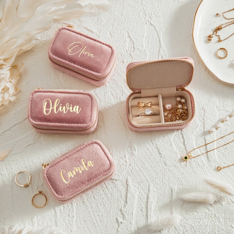 Custom Velvet Jewelry Box, Travel Jewelry Box, Wedding Bridesmaid Gifts, Personalized gifts, Birthday Gift for Her, Mother's Day Gift Rosy Pink