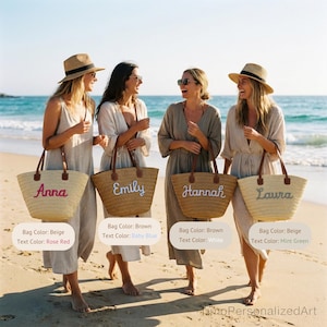 May include: Four straw tote bags with brown leather handles, each personalized with embroidered names: Anna in rose red, Emily in baby blue, Hannah in white, and Laura in mint green. The bags are beige and feature a woven texture.