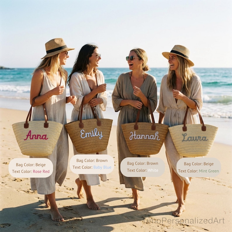 May include: Four straw tote bags with brown leather handles, each personalized with embroidered names: Anna in rose red, Emily in baby blue, Hannah in white, and Laura in mint green. The bags are beige and feature a woven texture.