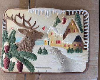 Vintage MCM 1960’s Germany Paper Mache Cardboard Calendar Topper Christmas Holiday Card Die Cut Embossed Winter Scene