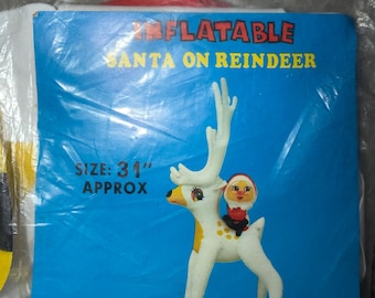 Vintage Rare 1960’s Christmas Inflatable Santa Claus Gnome Riding Reindeer Blow Up Doll