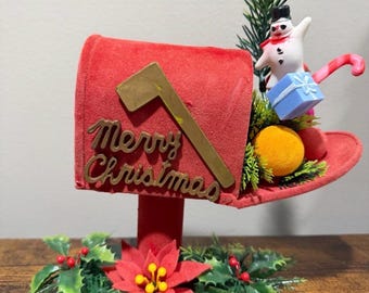 Vintage MCM 1970’s Kitschy Christmas Flocked Mailbox Snowman Centerpiece