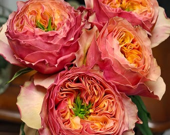 May include: A bouquet of three large, full-bloom roses featuring ruffled petals in shades of dusty pink, coral, and deep orange. The centers of the flowers display a vibrant golden-yellow hue, with green stems visible beneath the dense, layered petals.