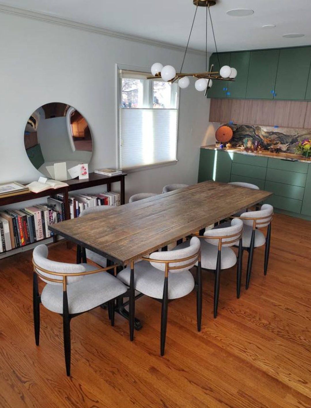 Arhaus Jagger Arm Chairs Set 10 Chairs Wood and Iron Base Table