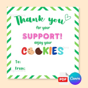 Girl Scout Cookie Danksagungskarte 2025 | Bearbeitbare und druckbare Pfadfinderin Cookie Dankeskarte | Vollständig anpassbar auf Leinwand | PDF, Canva
