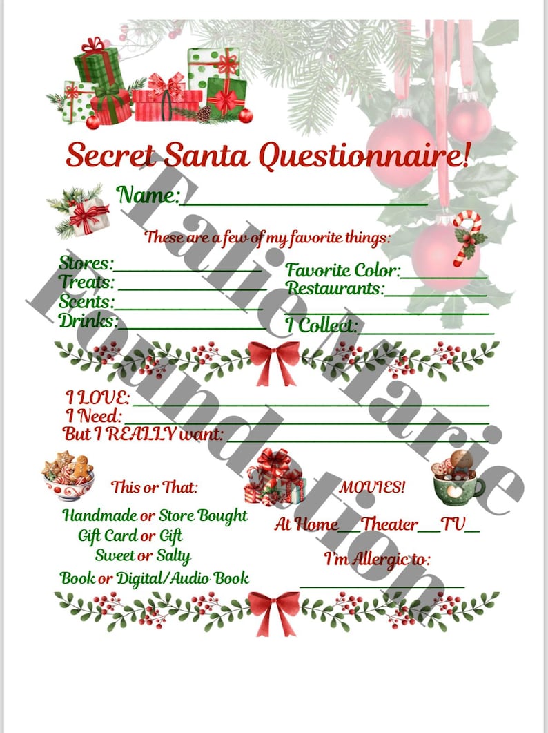 Secret Santa Questionnaire - Etsy