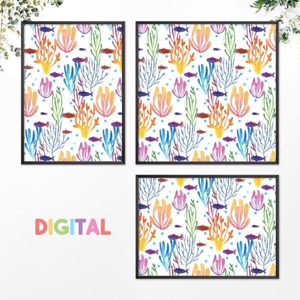 Bright Coral Fish Watercolour Pattern Poster - 3 Sizes Included - Printable Digital Download