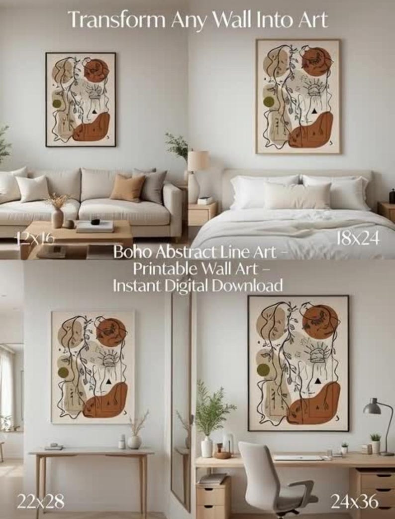 Boho Abstract Line Art Print, Earth Tone Minimalist Wall Decor (digital ...