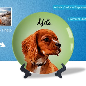 Plato de cerámica personalizado: retrato de caricatura de mascota, arte decorativo, monumento para mascotas, exhibición de mesa/pared, soporte de exhibición y opciones de montaje en pared