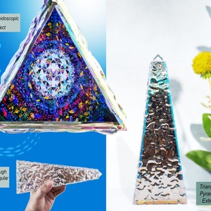 May include: A triangular prism with a kaleidoscopic visual effect. The prism is made of clear glass and has a textured exterior. The prism is shown in two different positions, one with the top of the prism facing the viewer and the other with the bottom of the prism facing the viewer. The bottom of the prism has a triangular window that allows the viewer to see the kaleidoscopic effect inside. The text "Dreamy Kaleidoscopic Visual Effect" is shown at the top of the image.