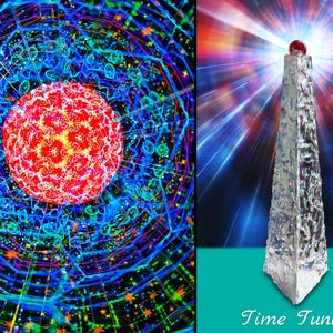 Puede incluir: Una imagen abstracta colorida con una esfera roja en el centro rodeada de un patrón geométrico azul y verde. En el lado derecho de la imagen hay una pirámide plateada con una gema roja en la parte superior. El texto "Time Tunnel" está escrito debajo de la pirámide.