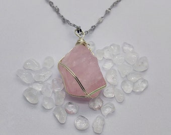 Lovely Pink Crystal Pendant Necklace with Wire Wrapped Crystal, Raw Crystal Necklace, Jewellery for Love and Romance