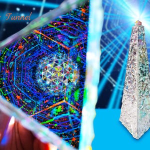 May include: A colorful, geometric, kaleidoscope-like image with the text "Time Tunnel" at the top. The image is a close-up of a glass prism with a rainbow of colors and a geometric pattern.