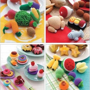 May include: A collection of colorful, crocheted food items, including vegetables like carrots and corn, and desserts such as donuts and cakes. The image also features a crocheted fish, chicken, and sushi.
