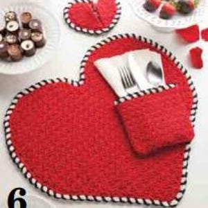 Herz häkeln Tisch Tischset, Serviettenhalter und Untersetzer Vintage Valentinstag Häkelanleitung Sofort-Download PDF-Format Gedeck