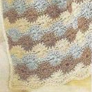 May include: A crocheted baby blanket with a striped pattern in shades of brown, blue, and cream.