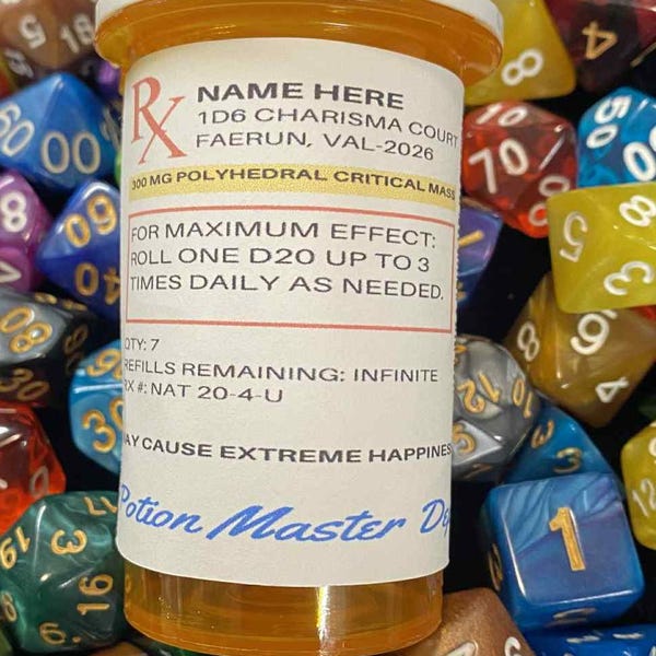 Regalo de dados de poción de amor crítica, frasco de prescripción para San Valentín de D&D, con juego de dados poliédricos, regalo de broma con prescripción de dados poliédricos