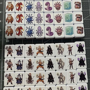 May include: A collection of square tiles featuring fantasy-themed illustrations. The tiles depict various creatures like owls, dragons, and octopuses, along with characters such as warriors, wizards, and rogues. The tiles are arranged in rows and columns.