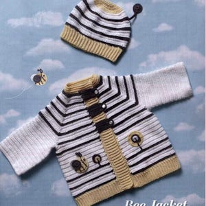 May include: A white and brown striped baby cardigan with a bee motif and matching hat. The cardigan has a button closure and the hat has antennae. "Bee Jacket & Bonnet Keep baby snug as a bug" is written below the image.