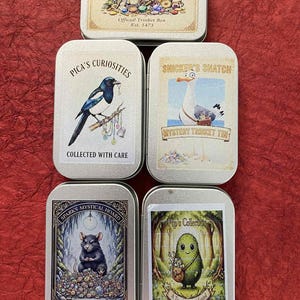 Può includere: Una collezione di cinque scatole portagioie rettangolari in metallo con disegni illustrati. Le scatole presentano immagini di una gazza, un ratto, un'oca, un personaggio simile a un sottaceto e un tesoro. Il testo include "Grizzlewicks Hoard" e "Pica's Curiosities."