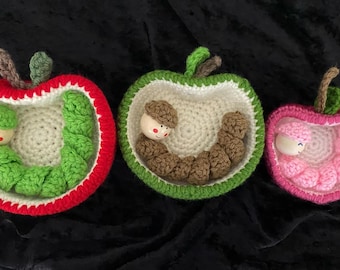 Worm in a half apple, Apple Crochet pattern.  Worm and his home  Easy Crochet pattern instant download digital PDF step by step with photos